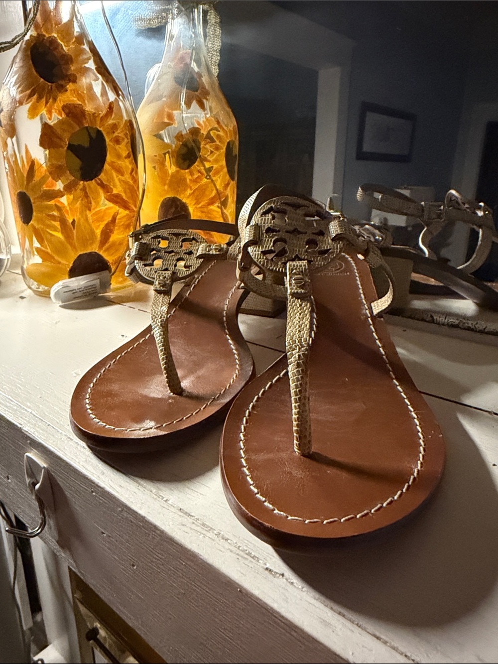 Tory Burch Brown Leather Sandals with Gold Logo Medallion